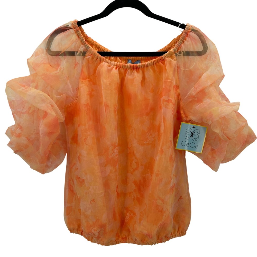 NWT CeCe Womens‎ Orange Floral Sheer Puff Sleeve Shoulder Top Size Medium